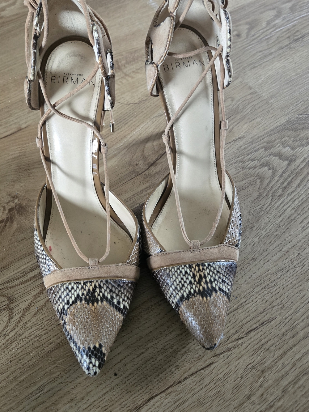 Alexandre Birman Nude and Snake-Print Pointed Toe Ankle Tie Pumps